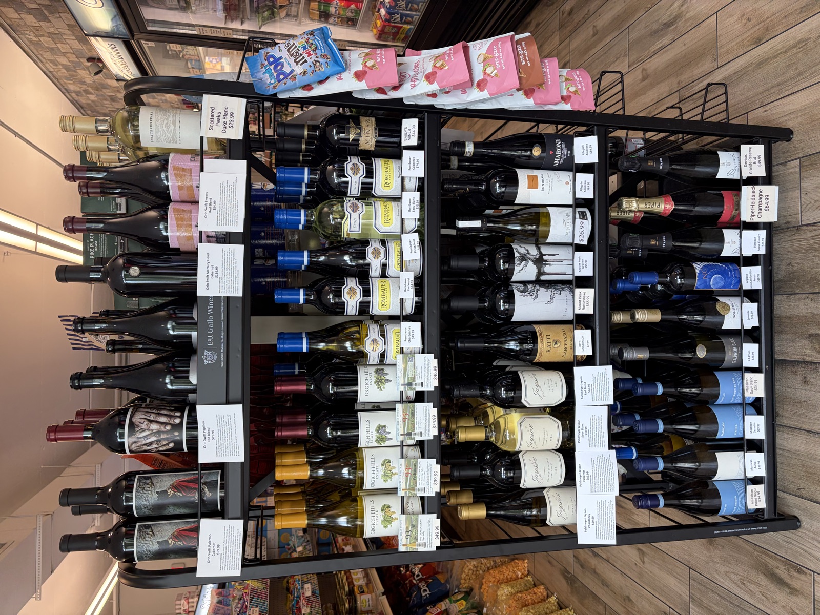 Wine bottles displayed near the shop entrance
