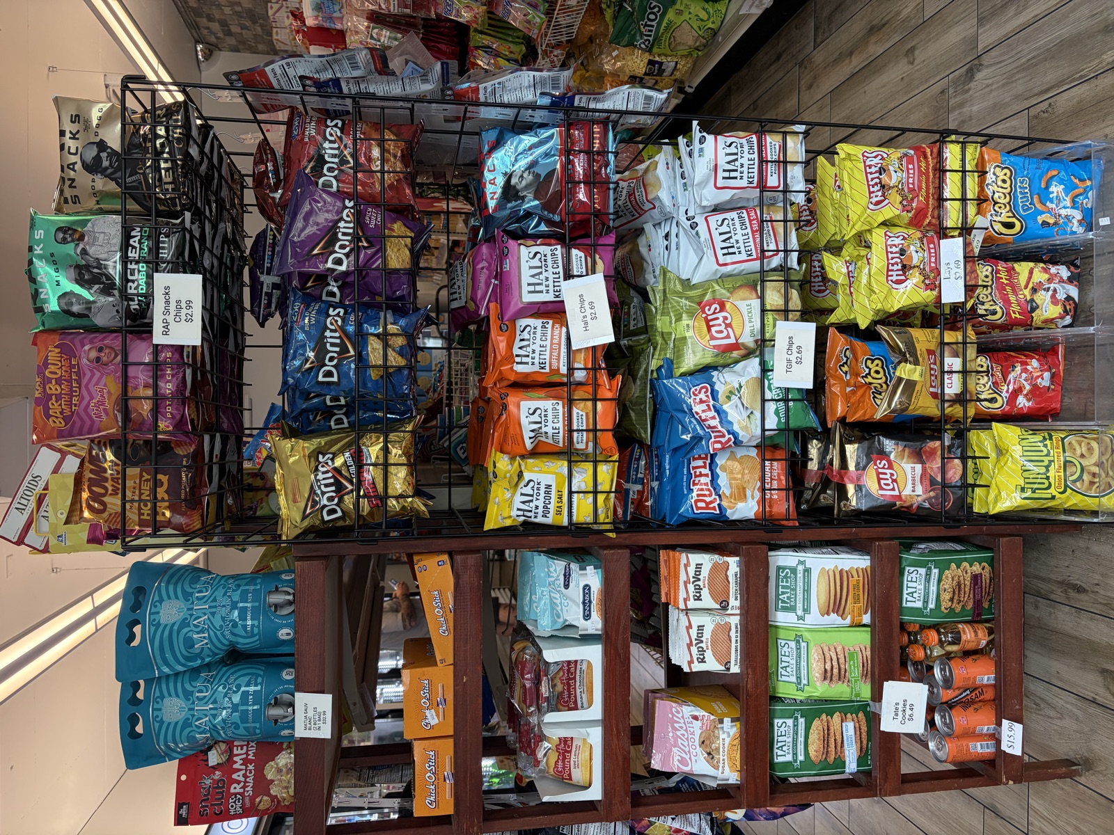 Snack shelves stocked with chips and packaged snacks