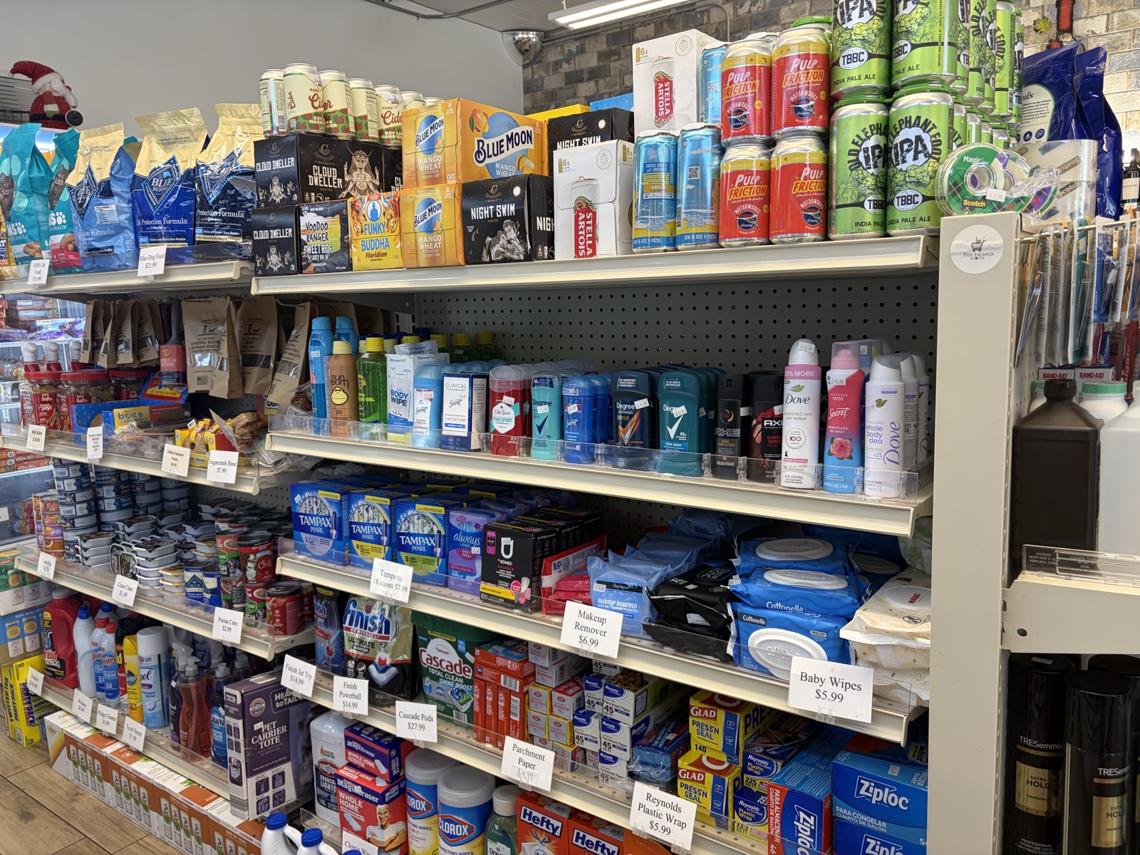 Everyday essentials and personal care shelf at The Island Shoppe