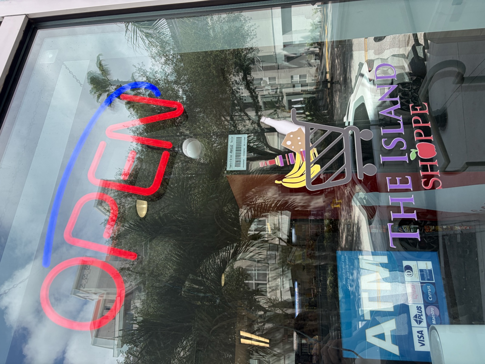 The Island Shoppe front door with open sign